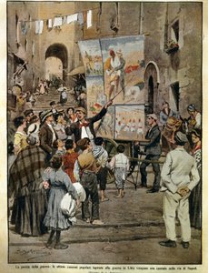 1910年12月8日的《Domenica del Corriere》（意大利周日报纸），民谣歌手在那不勒斯演唱的受利比亚战争启发的民歌，作者是Achille Beltrame，插图 作者 阿基里·贝尔特拉姆（Achille Beltrame）