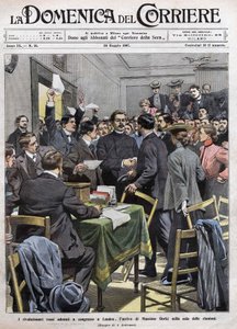 1905年俄国革命后，马克西姆-高尔基抵达伦敦大会的会议室。1907年5月26日的《La Domenica del Corriere》封面。 作者 阿基里·贝尔特拉姆（Achille Beltrame）