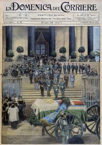 奥斯塔公爵的遗体在都灵的祝福，在送葬队伍穿过整个城市之后--1931年7月19日 "la Domenica del Corriere "的Dess.A. Beltrame 作者 阿基里·贝尔特拉姆（Achille Beltrame）