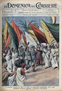 贝尼托-墨索里尼元首在访问利比亚时受到了群众的欢迎。1937年3月28日 "La domenica del Corriere "中Achille Beltrame的插图。 作者 阿基里·贝尔特拉姆（Achille Beltrame）