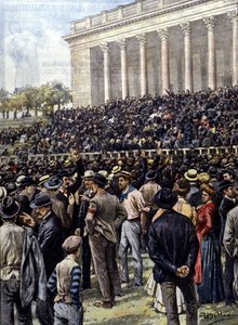 米兰的大罢工：成千上万的工人聚集在竞技场。图片：A. Beltrame。"La Domenica del Corriere" 作者 阿基里·贝尔特拉姆（Achille Beltrame）