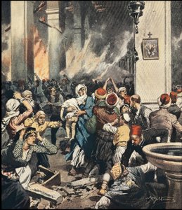 1909年在土耳其阿达纳发生的对亚美尼亚人的大屠杀，1909年5月 "La Domenica del Corriere "中阿基里斯-贝尔特拉梅（1871-1945）的插图。 作者 阿基里·贝尔特拉姆（Achille Beltrame）
