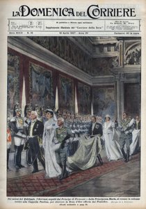 维克多-伊曼纽尔三世（Victor-Emmanuel）（维托里奥-伊曼纽尔三世）（1869-1947）和他的妻子黑山的海伦（Helene）这对王室夫妇，以及亨伯托（Umberto）二世亲王和玛丽-何塞（比利时的玛丽-何塞，萨沃伊的玛丽亚-何塞）紧随其后，前往保利纳教堂（Paol 作者 阿基里·贝尔特拉姆（Achille Beltrame）