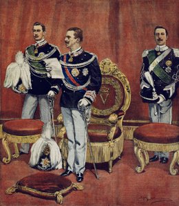 维托里奥·埃马努埃莱三世国王在罗马参议院宣誓就职，作者 Achille Beltrame（1871-1945），来自 La Domenica del Corriere 作者 阿基里·贝尔特拉姆（Achille Beltrame）