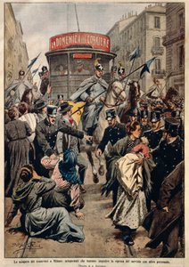 米兰的有轨电车罢工，作者是Achille Beltrame，插图，插图作者Achille Beltrame（1871-1945），来自La Domenica del Corriere。 作者 阿基里·贝尔特拉姆（Achille Beltrame）