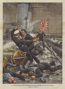 战舰的可怕的一集在Torpediniere之间的在阿图罗港前面 作者 Achille Beltrame