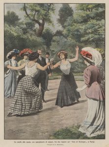 在巴黎的布洛涅森林（Bois de Boulogne）的两位女士之间，与剑一起决斗，流血事件 作者 Achille Beltrame