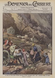登陆Clauzetto（乌迪内省）的一座山，压倒了田野和房屋，让居民奔跑 作者 Achille Beltrame