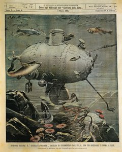 用于探索海底的水下海船，Achille Beltrame（1871-1945）的插图，来自 La Domenica del Corriere，3 月 1 日 作者 阿基里·贝尔特拉姆（Achille Beltrame）