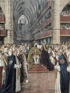 英国（1901年）。爱德华七世在威斯敏斯特教堂的加冕仪式。由Achille Beltrame创作的插图发表在《Domenica del Corriere》上。雕刻。 作者 阿基里·贝尔特拉姆（Achille Beltrame）