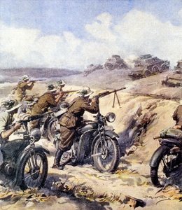 二战-1940年 1941年-北非战役-"贝尔萨格里人与英国装甲部队在昔兰尼加的冲突"，摘自1940年7月28日的La Domenica del Corriere，插图：A 作者 阿基里·贝尔特拉姆（Achille Beltrame）