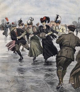 冬季的乐趣。滑冰者。Achille Beltrame于1907年创作的插图。 作者 阿基里·贝尔特拉姆（Achille Beltrame）