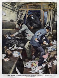 1910年，在那不勒斯和阿韦利诺之间的邮政列车上，突击队的匪徒。Achilles Beltrame为《Domenica del corriere》绘制的插图。 作者 阿基里·贝尔特拉姆（Achille Beltrame）