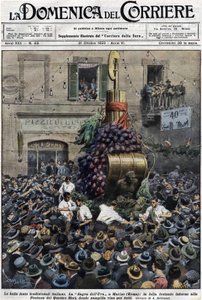 在罗马附近的Marino葡萄园里，葡萄酒被从城市的喷泉中带出来。 1928年10月21日的 "Domenica del Corriere "的封面。插图：Achille Beltrame 作者 阿基里·贝尔特拉姆（Achille Beltrame）