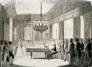 钢琴音乐之夜，作者：Achille Deveria（1800-1857），版画，法国