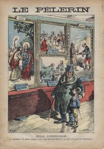 Achille Lemot为1896年9月的 "Le-Pelerin "创作的反犹太主义漫画--商业学校：当你成为一个摇篮时，你我的床边雅各布，你会分到什么？ 作者 阿基里·莱莫特（Achille Lemot）
