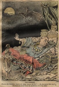 关于维多利亚女王的漫画，作者Achille Lemot（1846-1909）--1899年--噩梦--更多的战斗，更多的血，更多的黄金......。 作者 阿基里·莱莫特（Achille Lemot）