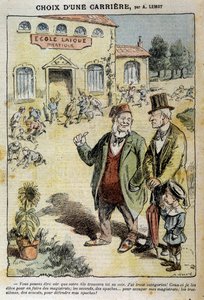 职业的选择。关于莱克学校的漫画--作者Achile Lemot（1846-1909），载于1909年4月4日的《Le Pelerin》杂志。 作者 阿基里·莱莫特（Achille Lemot）