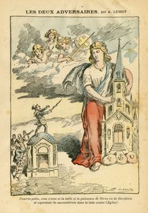 Achille Lemot（1846-1909）在Le Pelerin的插图，06年9月9日--两个对手--反犹太主义，宗教信仰，三色旗，大教堂，犹太教堂，天主教天主教会--寓意，规模变化 作者 阿基里·莱莫特（Achille Lemot）