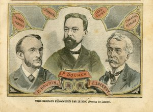 2004年10月23日《Le Pelerin》中的Achille Lemot（1846-1909）的插图--三个激进分子被集团逐出教会--财政预算、共和国总统、Maritime Nautique Balneaire、左派集团、Indochine、公共工程--Doumer Paul（1857-1932）。 作者 阿基里·莱莫特（Achille Lemot）