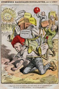 激进社会主义者（社会主义激进派）：Achille Lemot（1846-1909）在《Le Pelerin》（1909）上的漫画--一个工人在政府和乔治-克莱蒙梭管理不善造成的税款、税收和不便的负担下崩溃了--罢工、d 作者 阿基里·莱莫特（Achille Lemot）