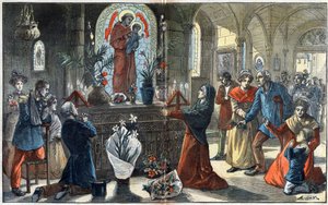对帕多瓦的圣安东尼（San Antonio di Padova）的献身精神使社会各阶层在他的祭坛前团聚--Achille Lemot在1896年的《Le-Pelerin》中的插图。 作者 阿基里·莱莫特（Achille Lemot）