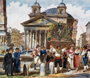 罗马万神殿草莓节，意大利水彩画家 Achille Pinelli（1809-1841）