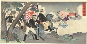 我军如何在平壤击败中国士兵。
和歌炮兵平城之战》（Waga gun Heijo no shinhei o gekiha suru zu）。(物体上的标题）