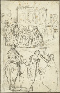 德语： Josephus wird von Nicanor vor Kaiser Vespasianus geführt 约瑟夫在维斯帕先皇帝面前由尼卡诺尔领导 作者 亚当·埃尔斯海默