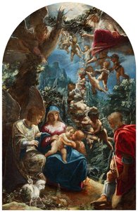 意大利语：Sacra famiglia con san giovannino e un angelo神圣家庭与施洗约翰婴儿和天使 作者 亚当·埃尔斯海默