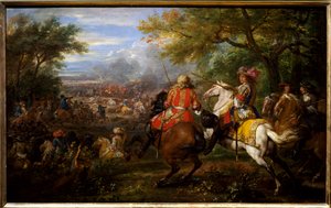 1667年8月31日在布鲁日运河附近击败了西班牙军队。骑着白马的法国国王路易十四被他的将军们包围着。弗朗索瓦-德-克雷基（1629-1687）和波旁-康德（Bourbon Conde）的路易二世亲王，称为大康德（16 作者 亚当·弗兰斯·范·德·穆伦