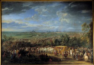 1667 年 7 月 30 日，路易十四国王和玛丽·特蕾莎王后在阿拉斯“”绘画，亚当·范德梅伦 (1632-1690) 17 世纪太阳。 2.32 x 3.31 米 作者 亚当·弗兰斯·范·德·穆伦