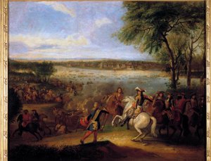 路易十四 (1638-1715) 在 Tolhuis 之前的莱茵河通道 12/07/1672 绘画由 Adam Frans Van der Meulen (1632-1690) 太阳。 0,6x0,7 m