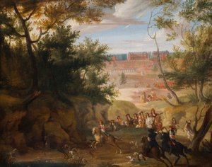 凡尔赛宫与路易十四和狩猎者的风景，1700年。