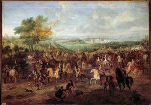 乘坐国王路易十四（1638-1715）、奥地利王后玛丽·特蕾莎、路易太子和王太子的马车在凡尔赛克拉尼城堡前行走，亚当·范德梅伦（1632-1690）绘于 1680 年左右。 1,4x1,9