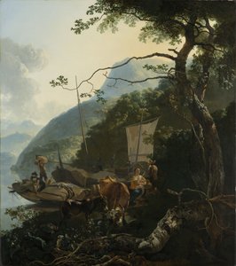 船员停泊在意大利湖的岸边，1650-70