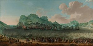 1607 年 4 月 25 日雅各布-范-海姆斯克上将指挥的舰队在直布罗陀附近战胜西班牙舰队 作者 Adam Willaerts（艺术家签名）
