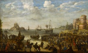 基督在加利利海 (Lac de Tiberiade) 的船上布道 - 亚当威拉尔茨 (1577-1664)。 布面油画