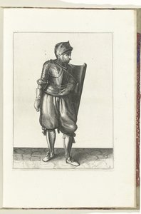 使用长矛和剑的练习：士兵从背后将长矛举过左肩（第 2 号），1618 年
De Nassausche Wapen-Handelinge, van Schilt, Spies, Rappier ende Targe : beyde figuerlick afgebebeelt, ende gestelt na de neuwe ordening [van] (... 作者 亚当·范·布雷恩