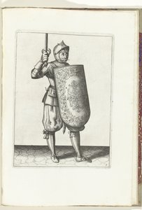 使用短剑和长剑的练习：士兵将拔出的长剑举过脸部（第 5 号），1618 年
De Nassausche Wapen-Handelinge, van Schilt, Spies, Rappier ende Targe : beyde figuerlick afgebebeelt, ende gestelt na de neuwe ordening [of] (第 5 号)，1618 年。 作者 亚当·范·布雷恩