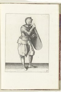 矛与剑的练习：士兵右手持矛，左手抓腰带（第 3 号），1618 年
De Nassausche Wapen-Handelinge, van Schilt, Spies, Rappier ende Targe : beyde figuerlick afgebebeelt, ende gestelt na de 作者 亚当·范·布雷恩