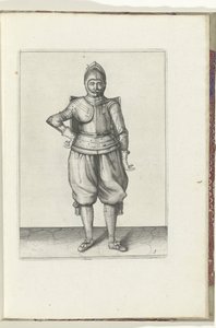 使用长矛和剑的练习：背着长矛休息的士兵（第 1 号），1618 年
De Nassausche Wapen-Handelinge, van Schilt, Spies, Rappier ende Targe : beyde figuerlick afgebebeelt, ende gestelt na de neuwe ordening [van] (...) Maurits van Nassa 作者 亚当·范·布雷恩