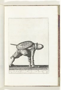盾与矛的练习：士兵弯腰拾起长矛（第 28 号），1618 年
De Nassausche Wapen-Handelinge, van Schilt, Spies, Rappier ende Targe : beyde figuerlick afgebebeelt, ende gestelt na de neuwe ordening [van] (...) Maurits van Nassau (t) 作者 亚当·范·布雷恩