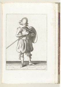 盾与矛的练习：士兵紧握矛与盾（第 15 号），1618 年
De Nassausche Wapen-Handelinge, van Schilt, Spies, Rappier ende Targe : beyde figuerlick afgebebeelt, ende gestelt na de neuwe ordening [van] (...) Maurit 作者 亚当·范·布雷恩