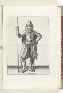 盾与矛的练习：手持长矛、背负盾牌的士兵在休息（第 1 号），1618 年
De Nassausche Wapen-Handelinge, van Schilt, Spies, Rappier ende Targe : beyde figuerlick afgebebeelt, ende gestelt na de newuwe ordening [van] ( 作者 亚当·范·布雷恩