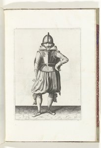 盾与矛的练习：背着盾牌休息的士兵（第 27 号），1618 年
De Nassausche Wapen-Handelinge, van Schilt, Spies, Rappier ende Targe : beyde figuerlick afgebebeelt, ende gestelt na de neuwe ordening [van] (...) Maurits v 作者 亚当·范·布雷恩