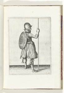 盾与矛的练习：士兵站立，矛放在右脚旁的地上（编号 30），1618 年
De Nassausche Wapen-Handelinge, van Schilt, Spies, Rappier ende Targe : beyde figuerlick afgebebeelt, ende gestelt na de neuwe ordening 作者 亚当·范·布雷恩