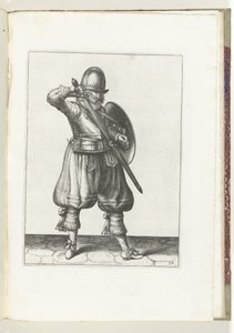 使用盾牌和长矛的练习：士兵将剑插回剑鞘（第 24 号），1618 年
De Nassausche Wapen-Handelinge, van Schilt, Spies, Rappier ende Targe : beyde figuerlick afgebebeelt, ende gestelt na de neuwe ordening [van] (...) Maurits van 作者 亚当·范·布雷恩