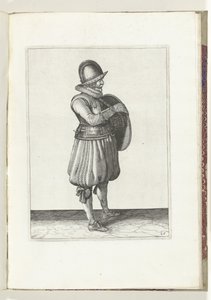 盾与矛的练习：士兵从盾带中抽出手臂（第 25 号），1618 年
De Nassausche Wapen-Handelinge, van Schilt, Spies, Rappier ende Targe : beyde figuerlick afgebebeelt, ende gestelt na de neuwe ordening [van] (...) Maurits 作者 亚当·范·布雷恩
