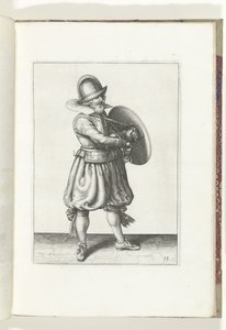 使用盾牌和长矛的练习：士兵从盾牌后拔出剑（第 18 号），1618 年
De Nassausche Wapen-Handelinge, van Schilt, Spies, Rappier ende Targe : beyde figuerlick afgebebeelt, ende gestelt na de neuwe ordening [van] (...) Maurits v 作者 亚当·范·布雷恩